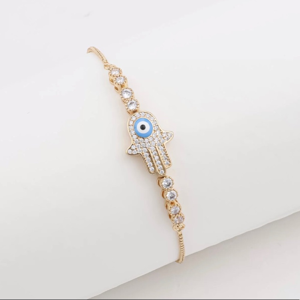 Hamsa Hand Evil Eye Charm Bracelet Zircon copper gold plated
